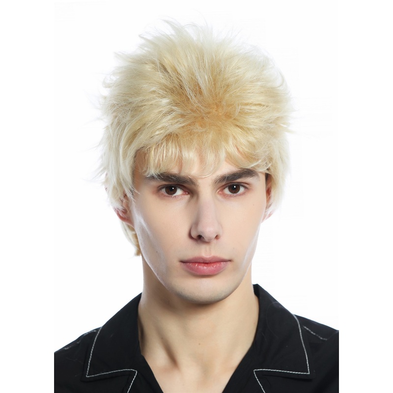 Wig unisex short wild unkempt 80s retro style blond platinum highlights M-252A