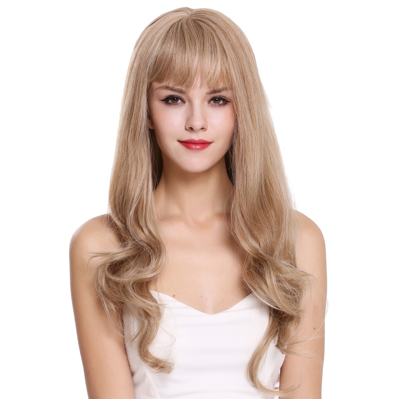 Women’s wig lady long fringe sleek bright wavy tips blonde mix highlights H950D