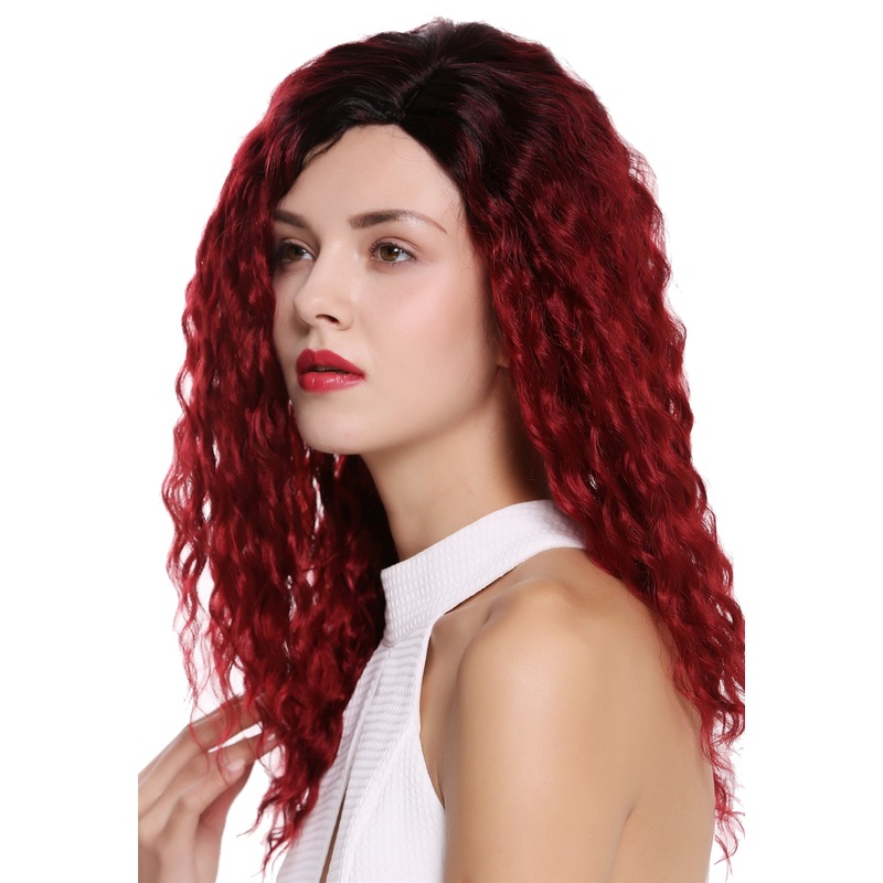 Women’s wig lady side parting afro curls curly ombre black crimson red 803AD