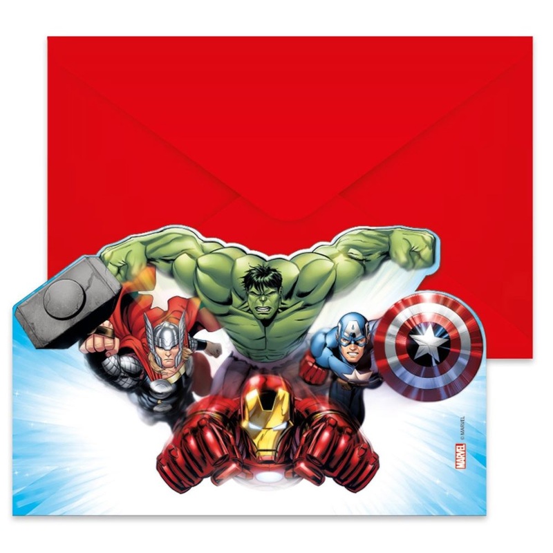 6 Avengers Heroes invitation cards with envelope