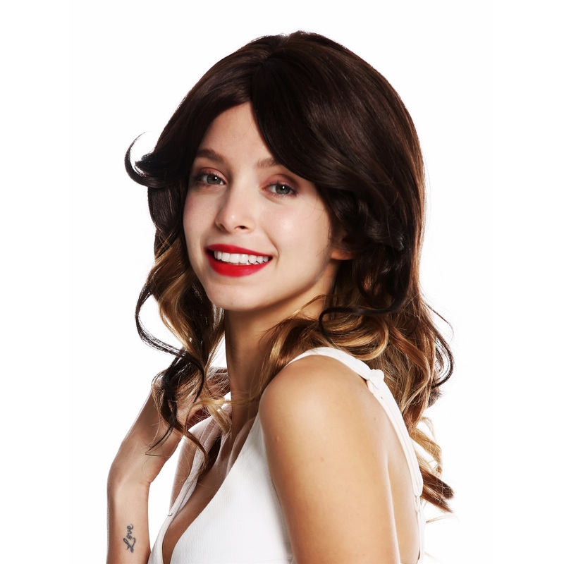 Lady wig long very voluminous wavy waved parting brown blonde highlights VK-45