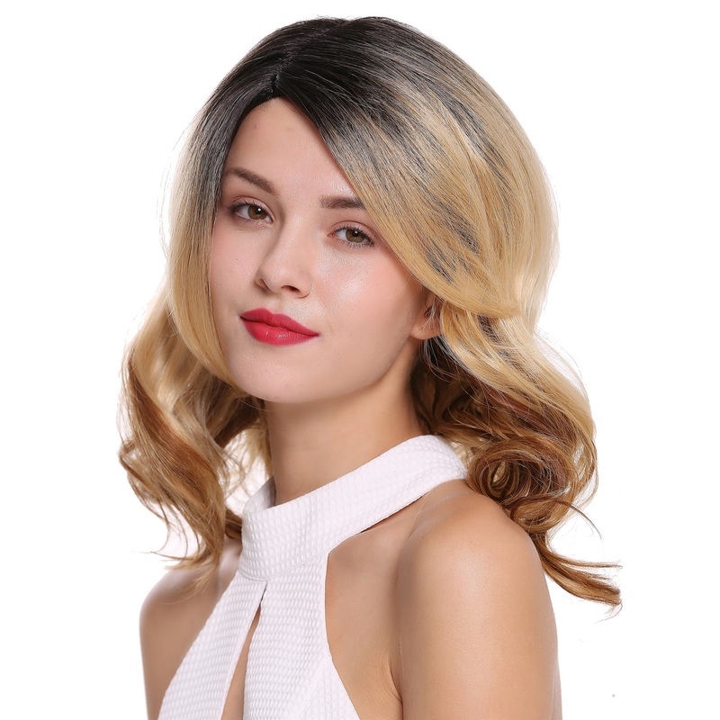 Lady wig partial monofilament parting wavy ombre black blonde copper DW2735