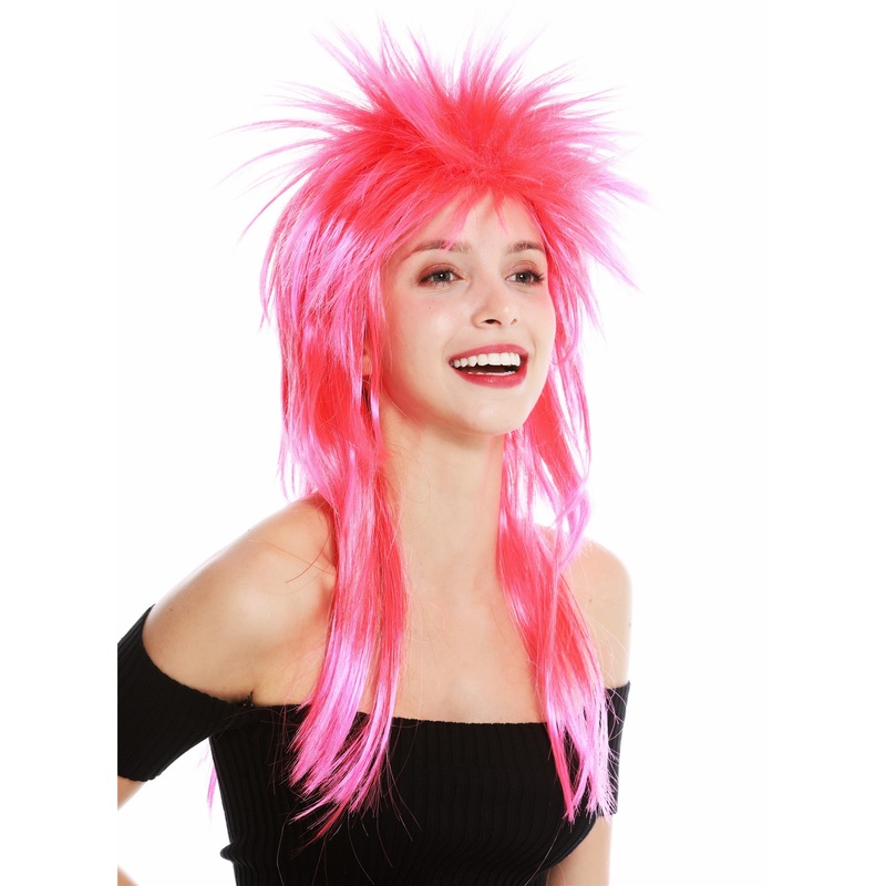 Party wig carnival punk mullet rocker wild 80’s wave long red pink mix DH1069