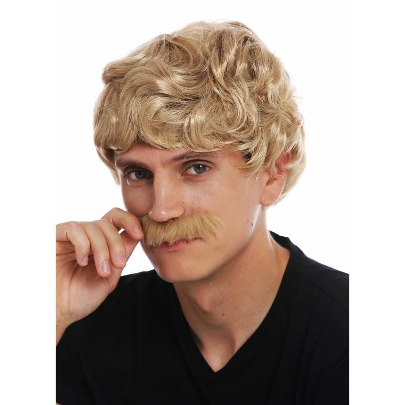 Wig & mustache carnival men man short curly wavy 70’s cowboy blonde 69089