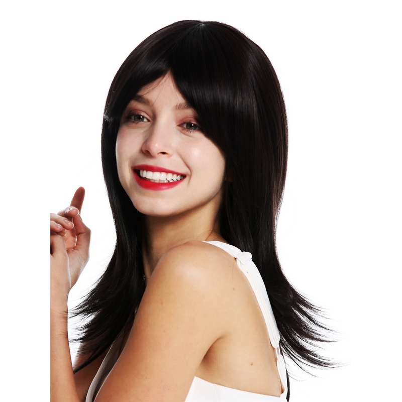 Women’s wig lady medium long sleek straight waved tips dark brown vw53