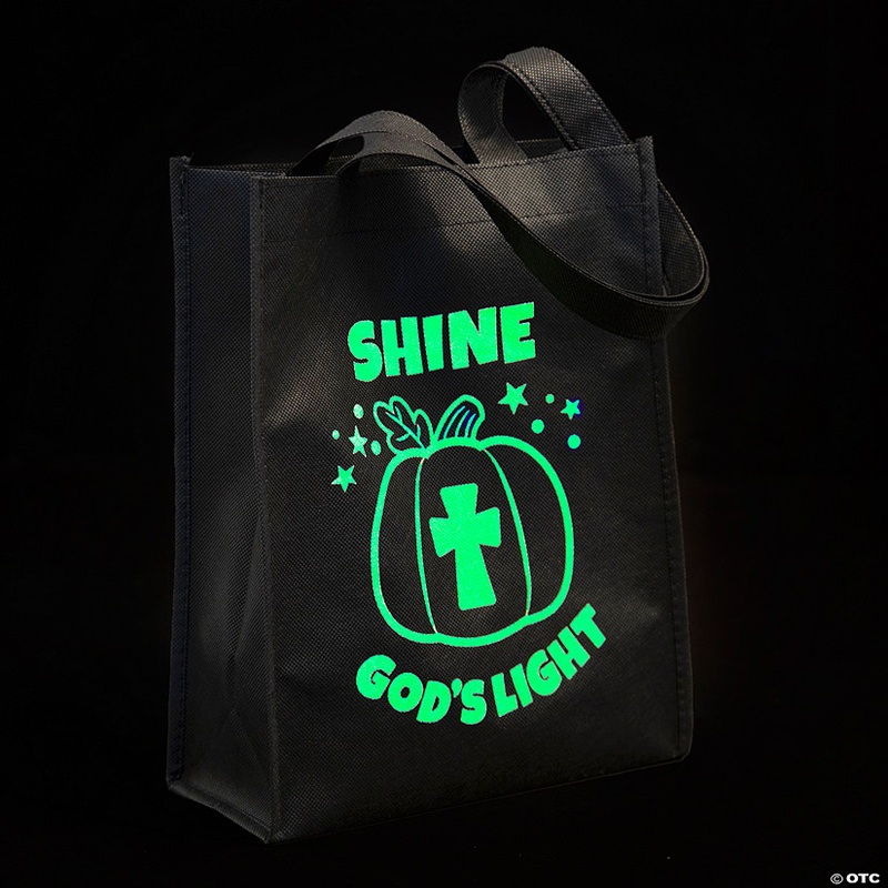 9 x 11 Medium Religious Halloween Glow-in-the-Dark Christian Pumpkin Shopper Tote Bags – 12 Pc.