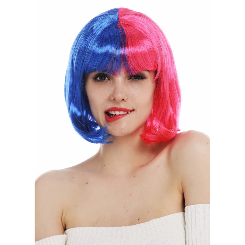 Lady wig carnival women bob short fringe blue pink half and half QS-224