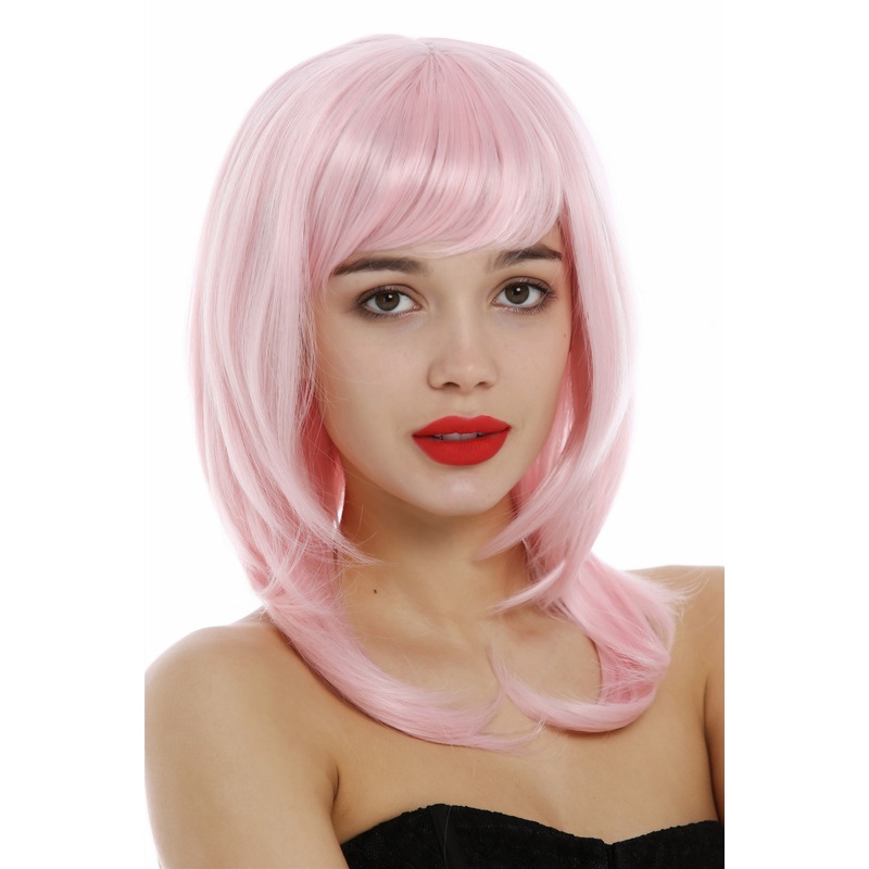 Lady wig shoulder-length medium long layered straight hair light pink 3003