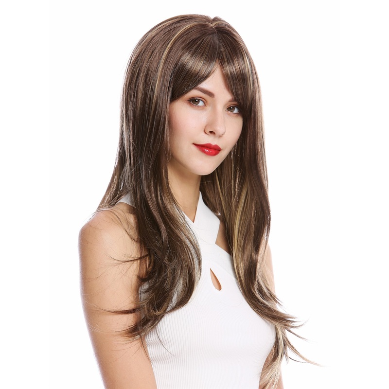 Lady Wig Women Long Straight Bangs Fringe Brown Blond Streaks Highlights GFW2274