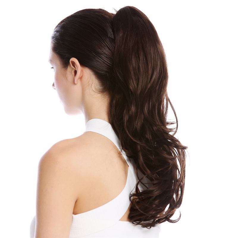 Ponytail Hairpiece Combs Clamp long wavy slightly curled chocolate brown MKB-30