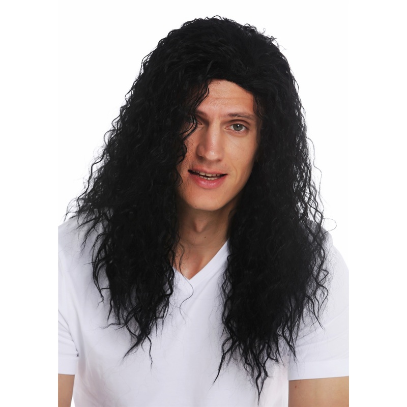 Wig man men long curly black parting hard rock Heavy Metal latin lover VK-33