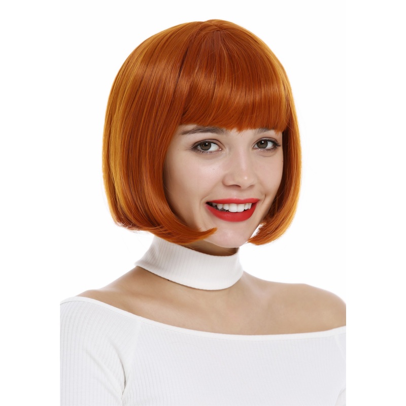Short lady women wig bob style bangs fringe sleek straight Cosplay orange 7803