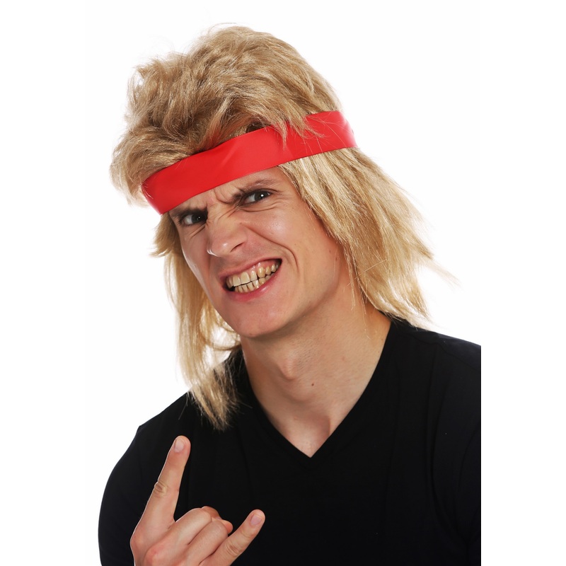 Wig Halloween men long blonde mullet head band 80’s action star wrestler SARL002