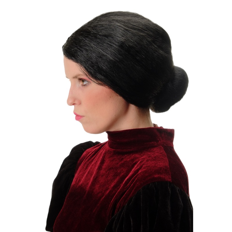 Wig Ladies Halloween Carnival tied back hairbun Governess Granny black 69020