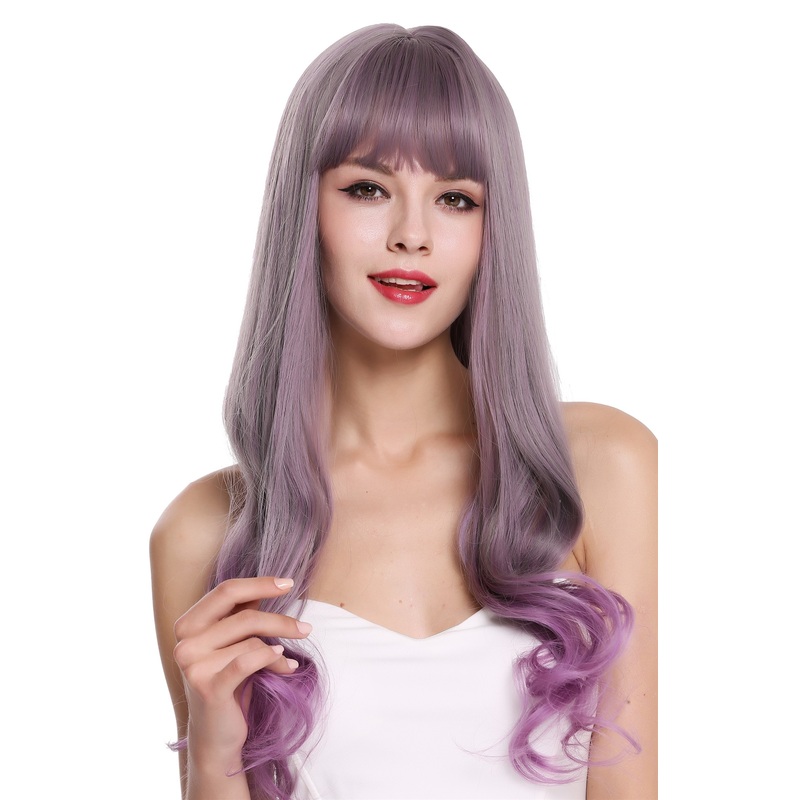 Women’s wig  lady long sleek wavy hair tips fringe grey purple mix G1818