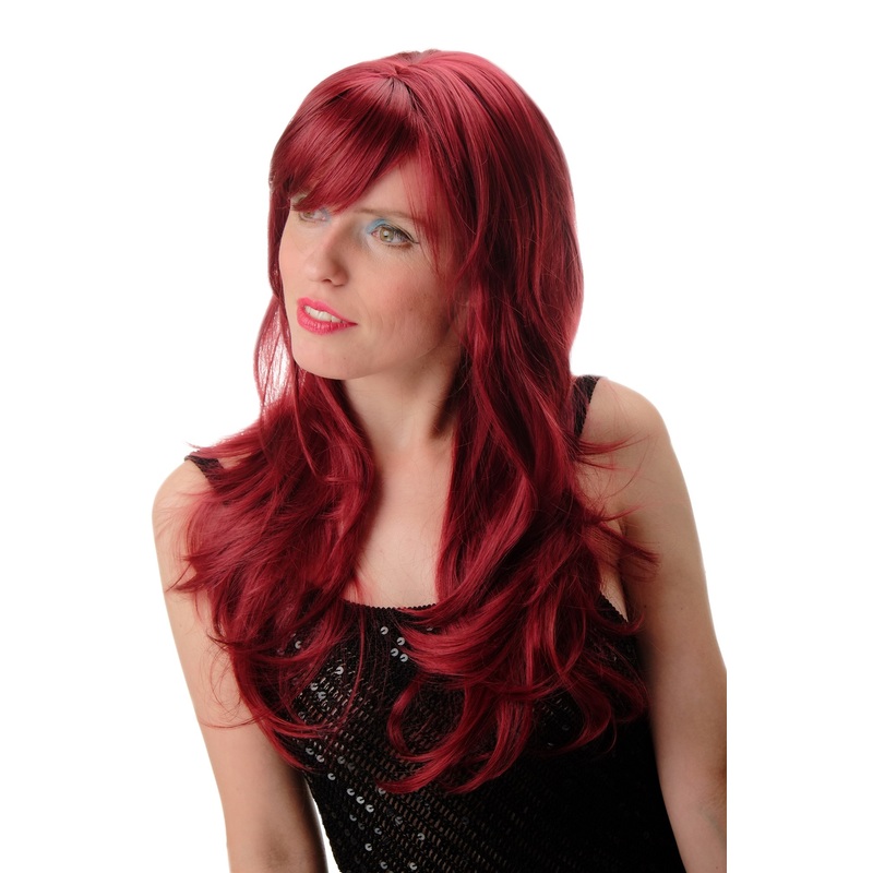 Lady wig long straight to wavy elaborately styled fringe burgundy red GFW244A