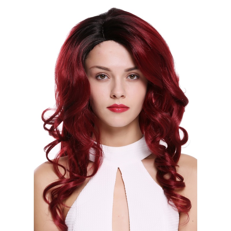 Lady women wig long wavy parting teased volume ombre black red DW1948