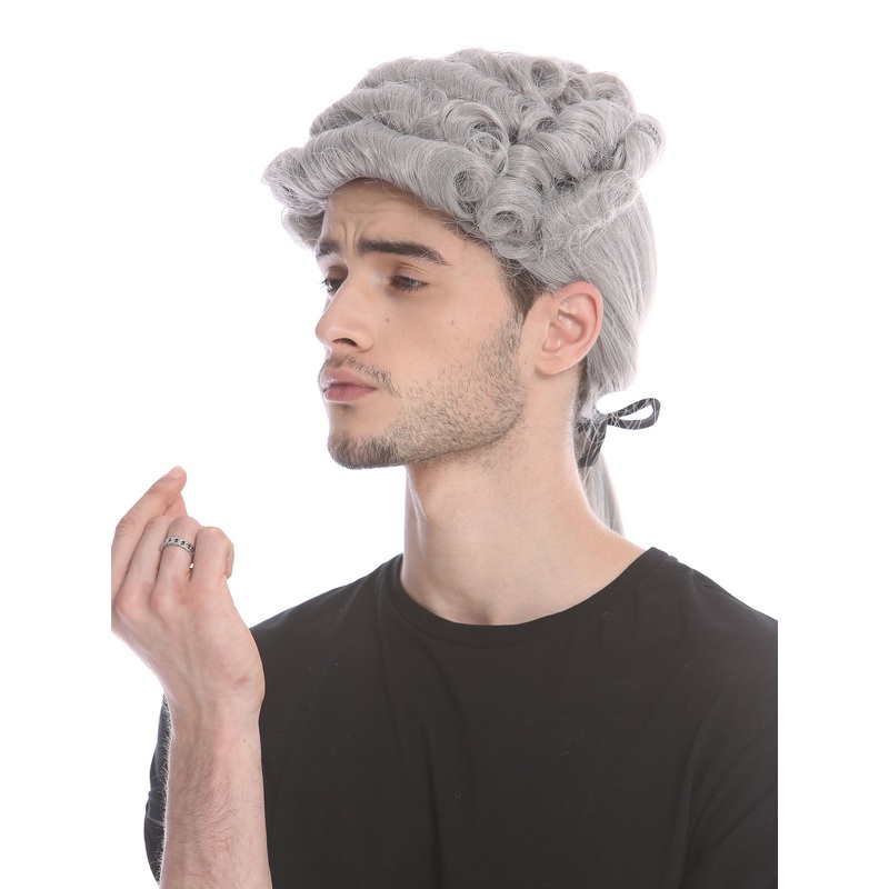Party wig men baroque Lord Judge Poet Noble dark grey gray curls ponytail DH1126