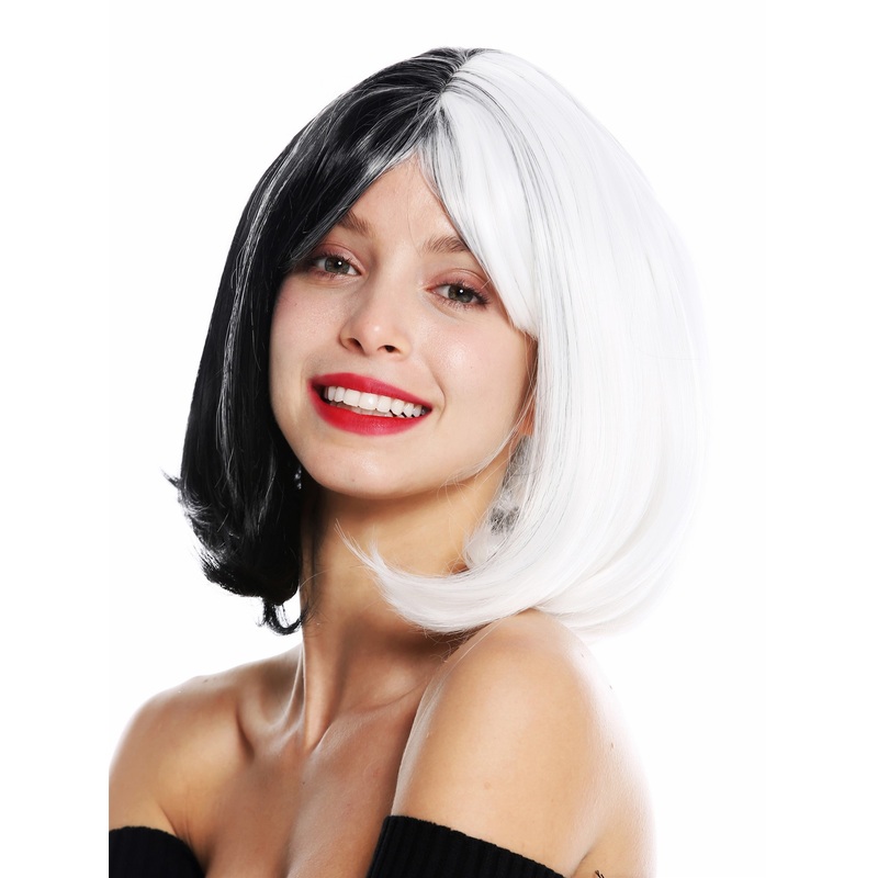 Lady Cosplay Wig Bob Longbob voluminous split two halfs black white GFW2269