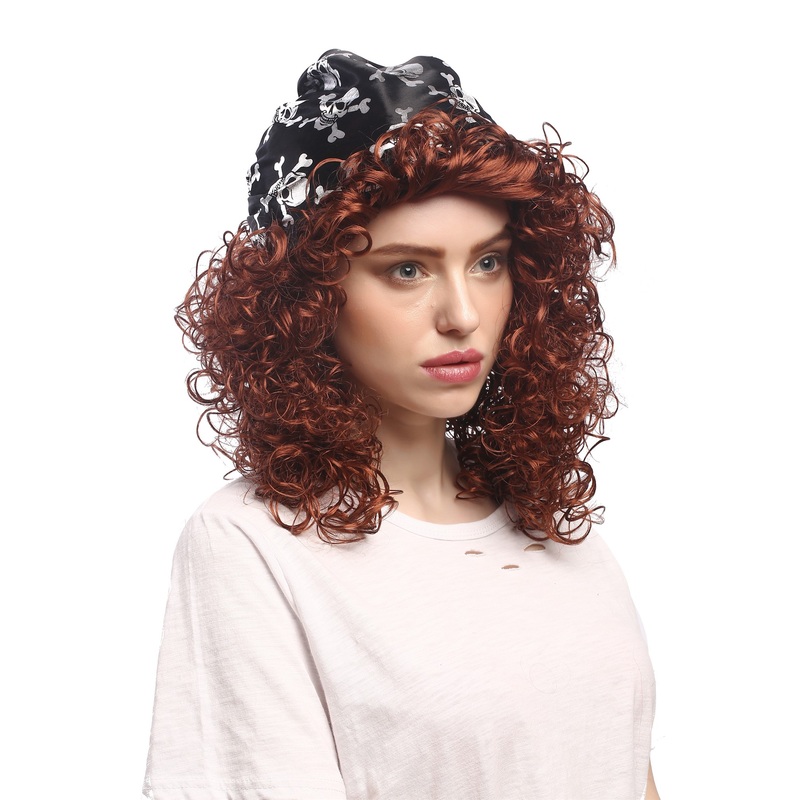 Lady Party Wig Halloween Pirate Queen curly wild reddish brown bandana 91121