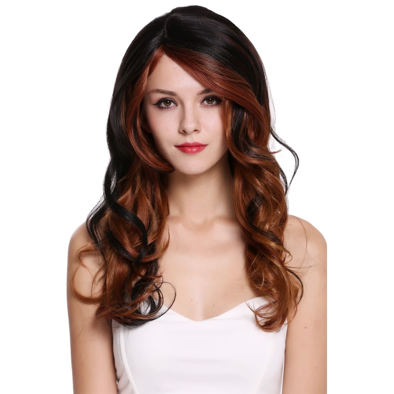 Lady Wig long wavy parting black brown red blond streaked highlights RGF-5905LD
