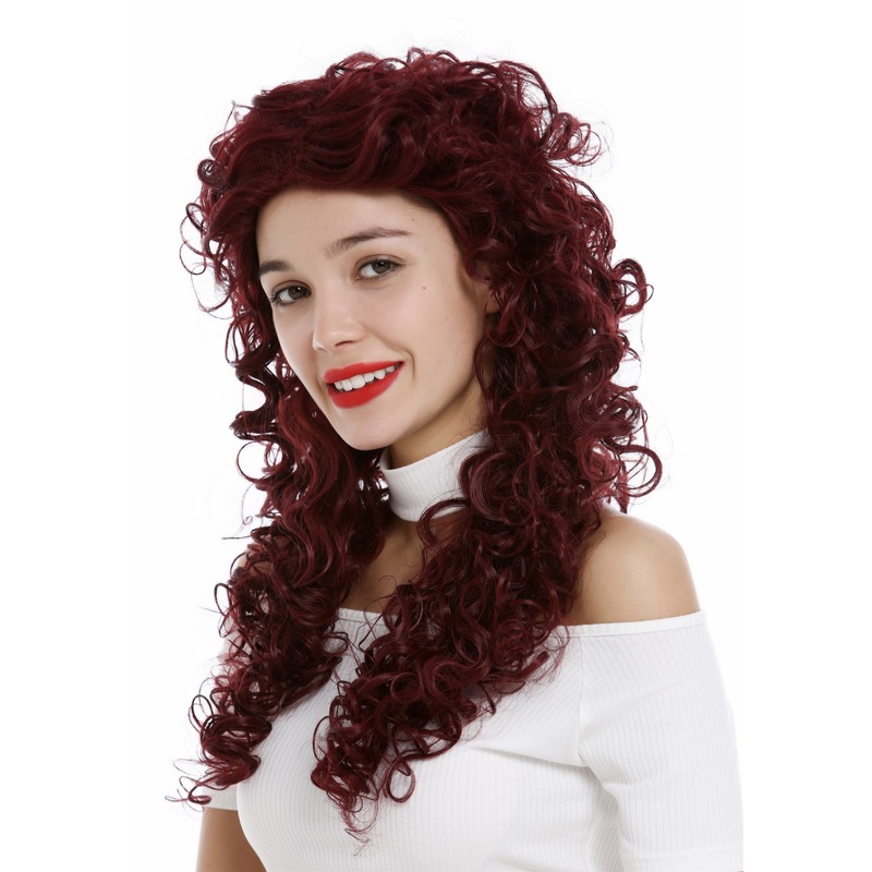 Lady women wig very long curled curly curls voluminous garnet red 9229