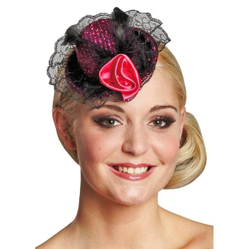 Mini-hat lace feather fabric flower black pink
