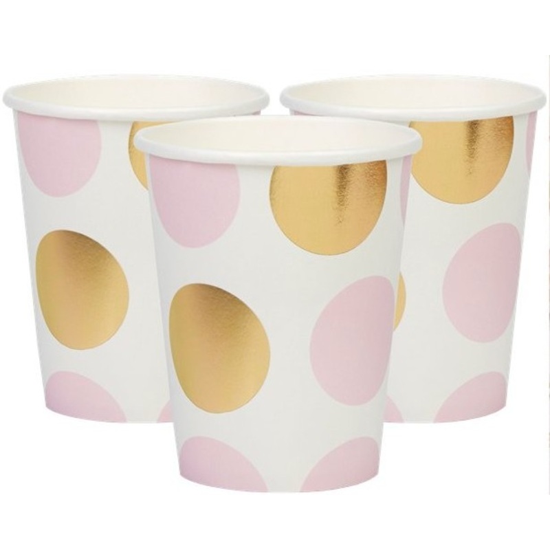 8 party paper cups pastel pink with golden dots 220ml