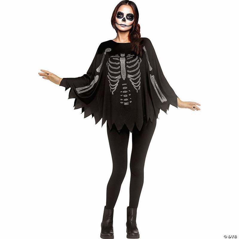 Adults Rhinestone Bling Skeleton Black Poncho Costume – One Size