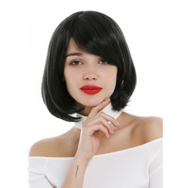 Lady wig short blunt cut bob sleek long fringe black streaked green YZF-0822