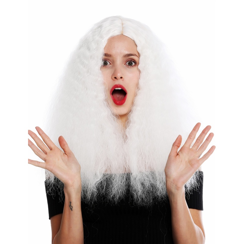Lady wig very long voluminous frizzy curls middle parting white fairy YZF-7304