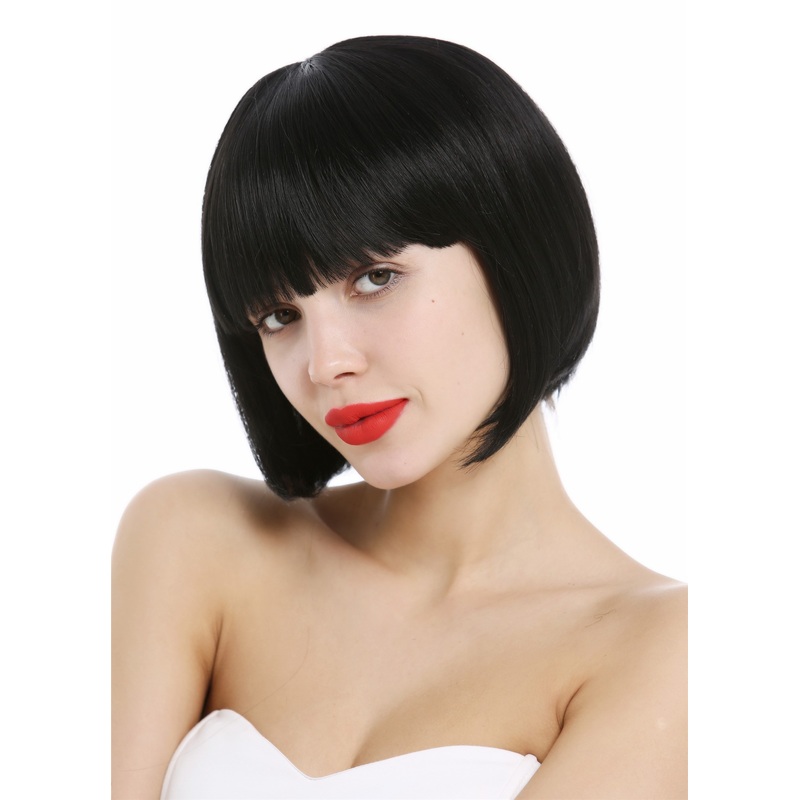 Short Lady women Wig classy classic Bob style straight bangs sleek black VK-4