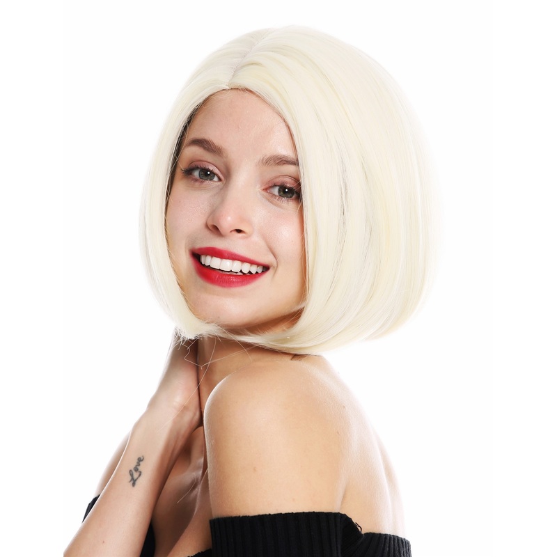Women’s wig short curved Long Bob style middleparting sleek platinum blond VK-54