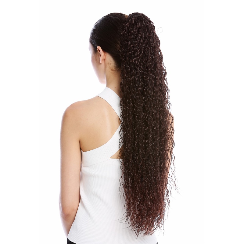 Ponytail long voluminous curled kinks kinked black streaked mahogany auburn N857