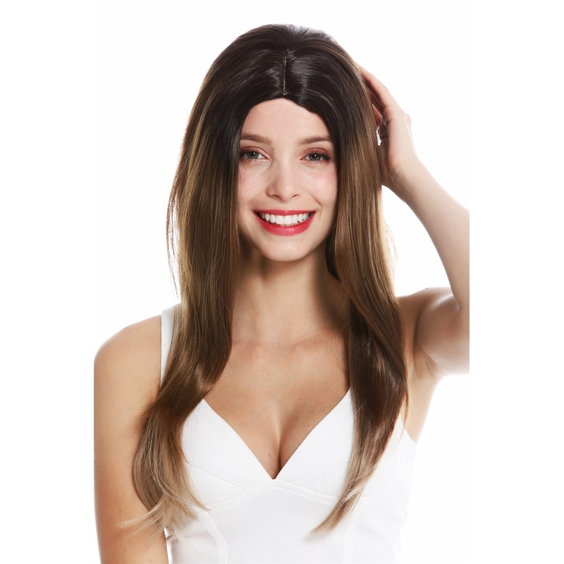 Women’s wig long sleek middle parting balayage brown blonde highlights GFW3464