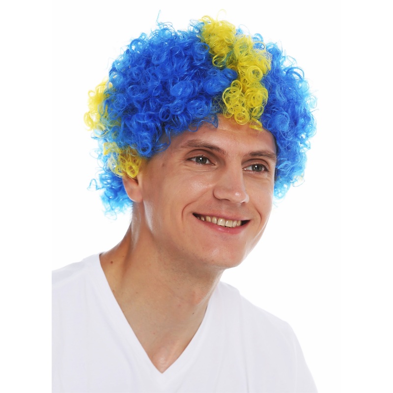 Fan wig afro soccer football world cup yellow cross on blue Sweden MMAM-15M