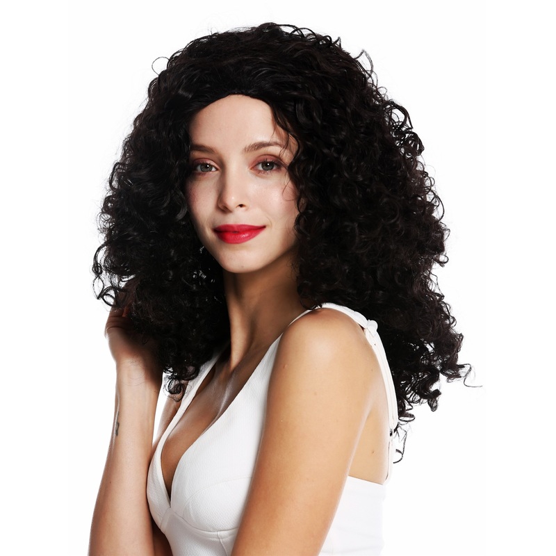 Lady women’s wig voluminous long thick curly curls parting dark brown ZM-1577