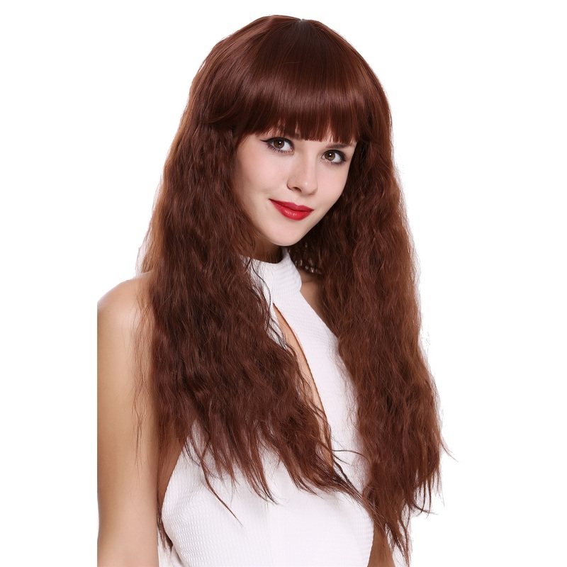 Lady women wig long dense curly curls fringe mahogani copper brown mix 1766Q
