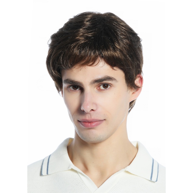 Wig Men Women unisex short slightly waved dense medium brown brunette DW1335