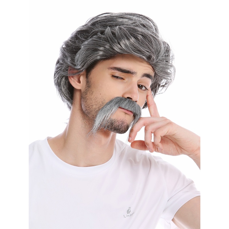Wig & Mustache Set Men old gangster OG cartel boss Mexico jefe gray grey 0025