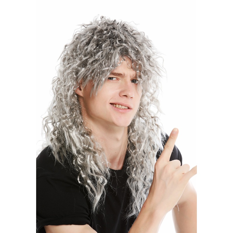 Wig women men wild grey mane curls volume old grey football player mullet 90750