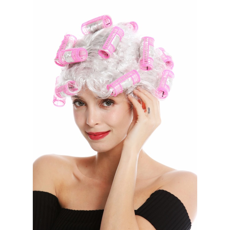 Women’s party wig housewife hair rollers grey white grey light grey trashy 4204