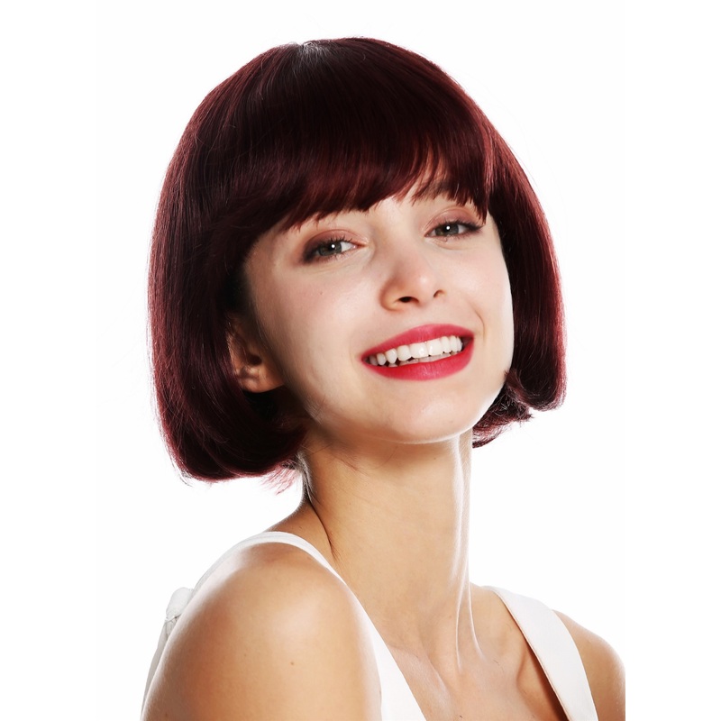 Lady wig real human hair short bob stykle straight bangs bordeaux red VK-57-HH