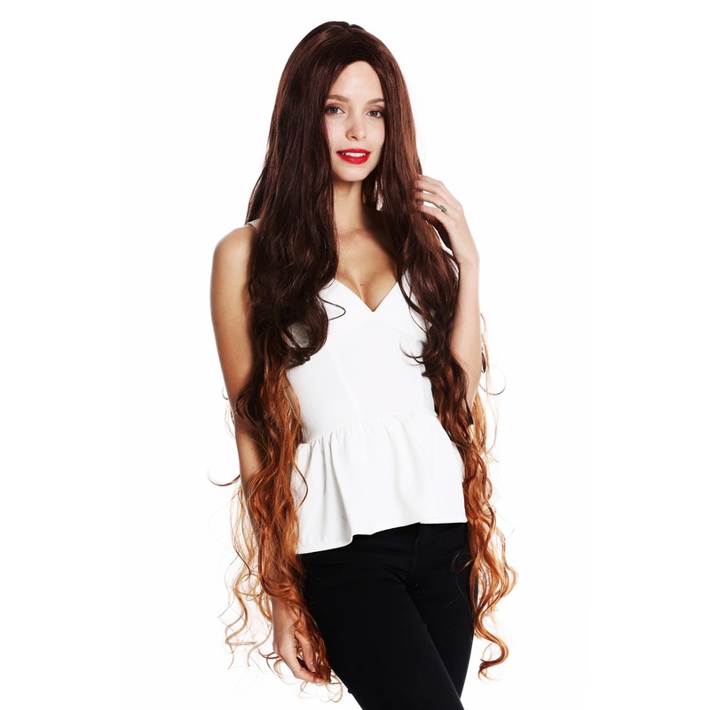 Lady wig very long curled wavy middle parting brown copper mahogany mix VK-40