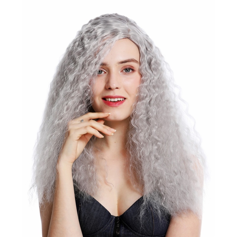 Lady wig very long voluminous frizzy curls middle parting grey gray YZF-7304