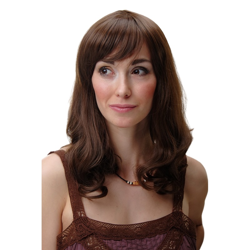 Lady Women Wig Medium Length Bangs Brown Wavy Curled Tips YZF-4382-8