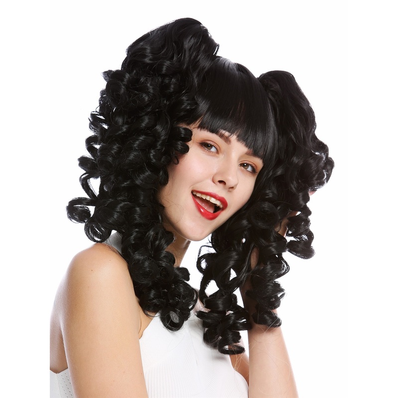 Lady Cosplay Wig bob + 2 ponytails curled bangs ringlets black YZF-7080+A