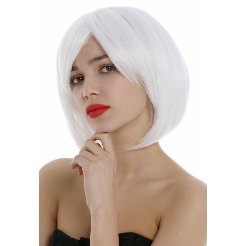 Lady Women wig cosplay short frayed Bob style parting white 1215