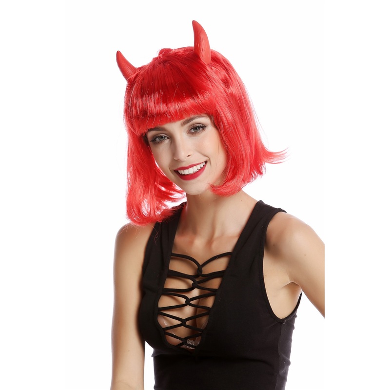 Wig Lady Women Halloween She-Devil Demon Devil Longbob Bob Horns red 91421