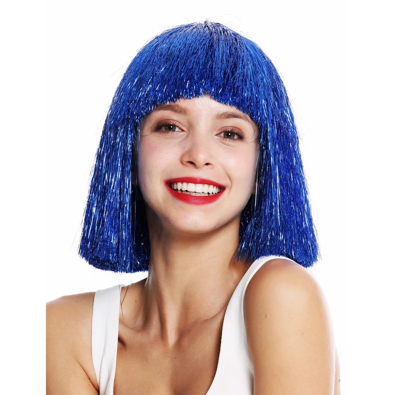 Women’s wig sleek fringe bangs shoulder length blue tinsel glitter VK-42